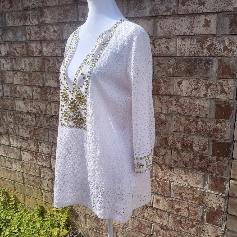 Juliette Eyelet Bejeweled Rhinestone Tunic Top Swim Coverup Women Size Medium